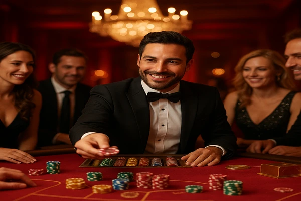 চমৎকার আলোয় ছড়ানো গেমিং পরিবেশে একজন আত্মবিশ্বাসী ডিলার 999k অ্যাকাউন্টে নিরাপদ প্রবেশের জন্য ব্যবহারকারীদের আহ্বান জানিয়েছেন।